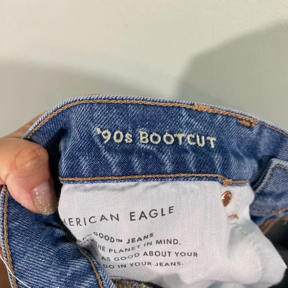 American Eagle Women Blue Slit Hem High Rise 90's Bootcut Jeans Size 8